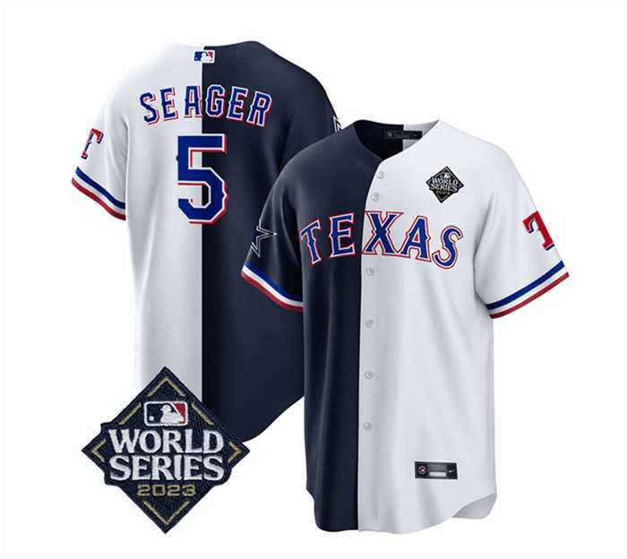 Men%27s Texas Rangers & Cowboys #5 Corey Seager Navy White 2023 World Series Splite Stitched Baseball Jersey Dzhi